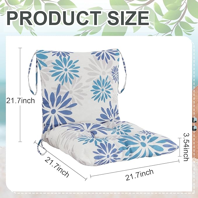 Barydat 4 Pcs Outdoor Patio Chair Cushions with Back, 21.7 x 43.3 Inch Decorative Dining Back Cushions with Tie Buffalo Plaid Indoor Outdoor for Patio Furniture(Blue and White,Plantain Leaf)
