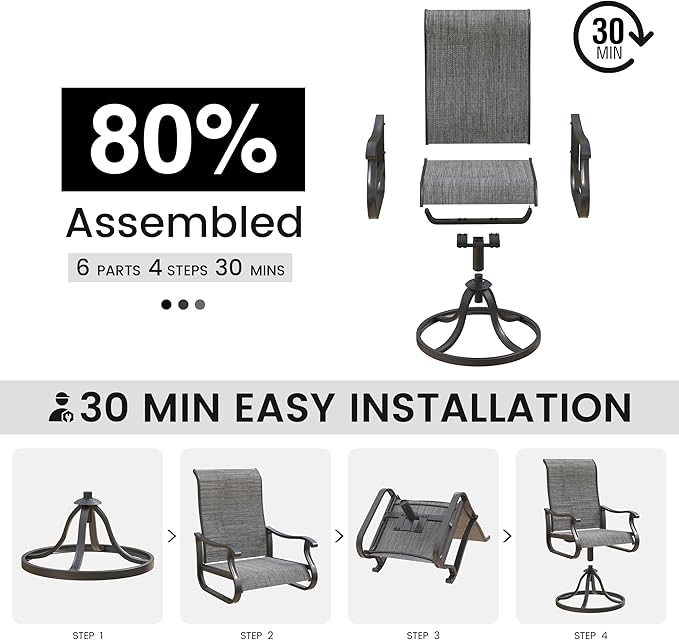 Patio Swivel Chairs Set of 6, Outdoor Dining Chairs with High Back, All-Weather Swivel Rocker Chair for Lawn, Porch or Garden (Grey)