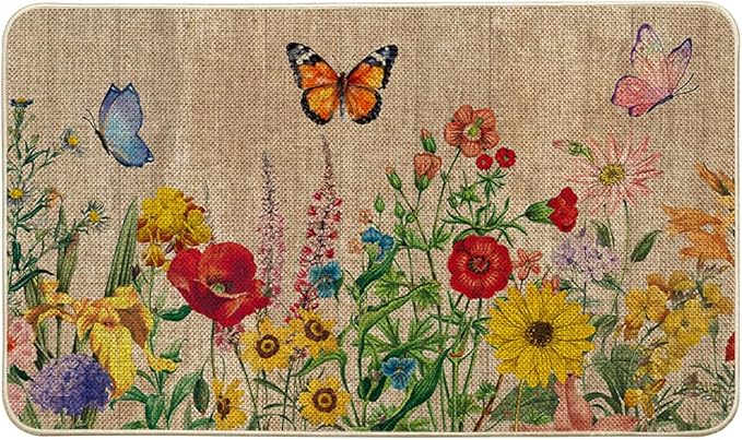 Artoid Mode Wood Flowers Butterfly Spring Doormat, Home Summer Decor Low-Profile Switch Rug Door Mat Floor Mat for Indoor Outdoor 17x29 Inch