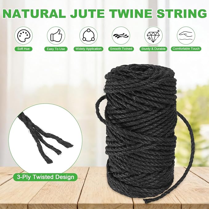 1-Pack Natural Jute Twine String, 4.5mm x 164ft/50m Long Garden Twine String for Crafts/Gift Wrapping/Gardening Plants, Durable Plant Ties Thick Rope [Black]