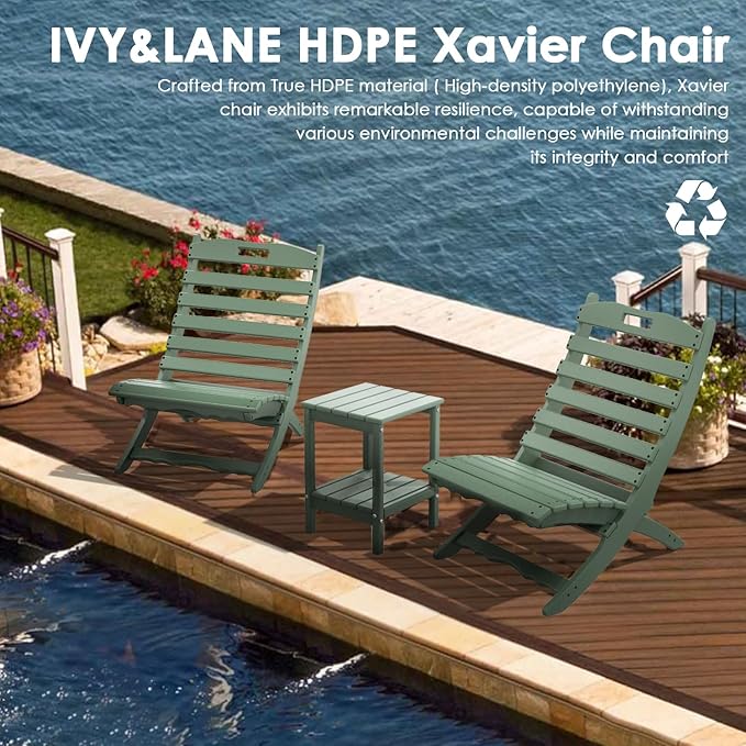 IVY&LANE Portable Xavier-Chairs Set of 2 | Folding-Adirondack-Chair | Wave | HDPE Plastic | Limited Edition | Forest Green | All-Weather Resistant | for Outdoor Fire-Pit Patio Lawn Beach Poolside