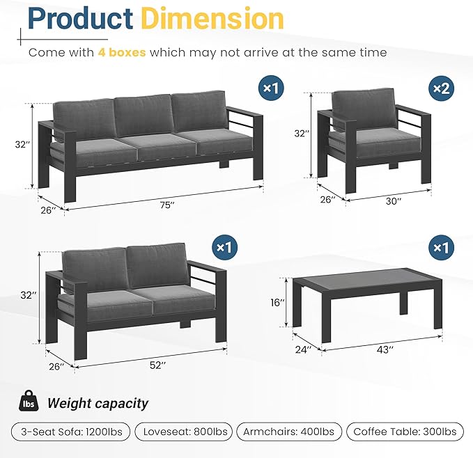 Wisteria Lane Aluminum Patio Furniture Set for All Weather, Oversized Metal Outdoor Furniture Set with 27.5" Deep Seat and 10" Back Cushion, Patio Conversation Sets with Wide armrest, Dark Grey