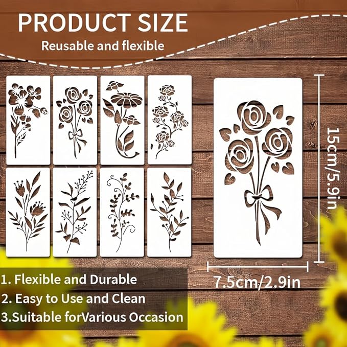 8 Pcs Large Flower Stencils for Painting, 2.9 X 5.9 Inch Flower Stencils for Crafts Reusable, Wood and Wall Stencils for Painting Large Pattern, DIY Templates Holiday Wall Paper (G)