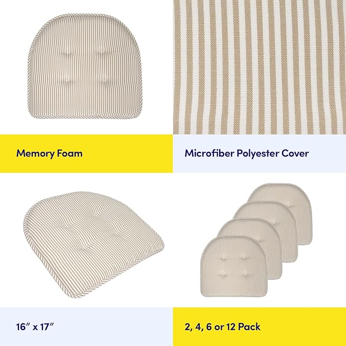 Sweet Home Collection Chair Cushion Memory Foam Pads Tufted Slip Non Skid Rubber Back U-Shaped 17" x 16" Seat Cover, 4 Count (Pack of 1), Pinstripe Taupe