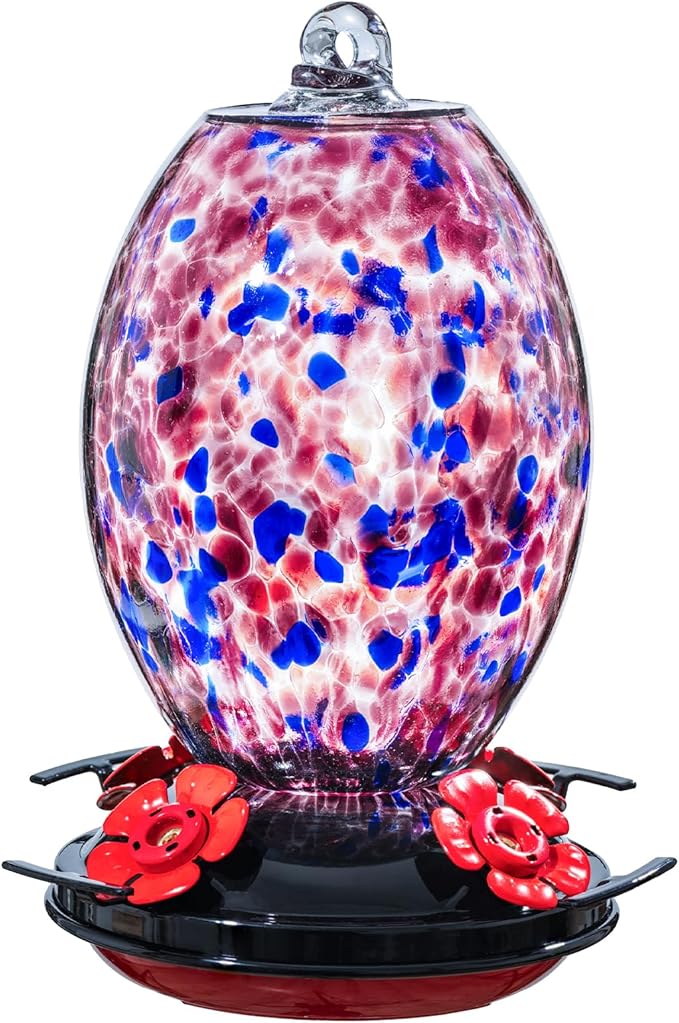Muse Garden Glass Humming Bird Feeders for Outdoors - 27OZ Blown Glass Hummingbird Feeder - Unique Gift for Mom Women Grandparents, Outdoors Hanging Garden Decor, Includes Ant Moat & Brush, Purple
