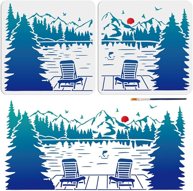 MAYJOYDIY 2pcs Landscape Lake Sunset Stencil 22.3×11inch Splicing Style Forest Lake Mountain Fishing Stencil with Paint Brush Large Natural Scenery 11.8×11.8inch Template for Art Crafts Furniture