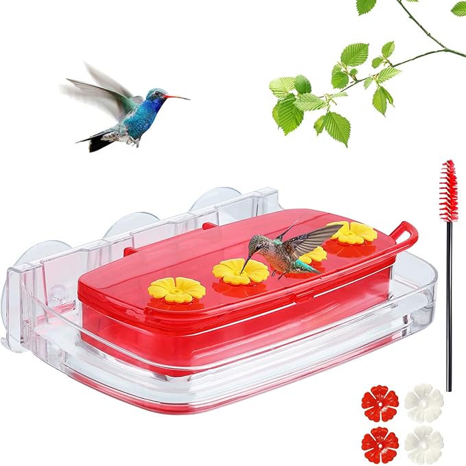 Window Hummingbird Feeder with Strong Suction Cup, Plastic Hummingbird Feeders for Outdoors, Built-in Moat,Easy to Clean and Refil (10oz) (1, Red)
