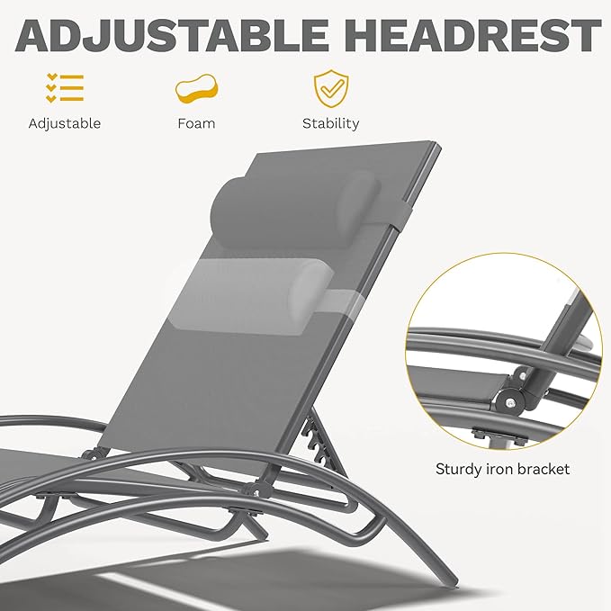 DWVO Outdoor Chaise Lounge Chair Set, 3-Piece Patio Lounge Chairs with Coffee Table & 5-Position Adjustable Backrests, Headrest, Armrest, Sunbathing Recliners for Poolside, Backyard, Navy