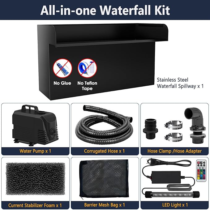 AquaMiracle Pond Waterfall Kit with LED Lights, All-in-1 Stainless Steel Spillway with 660GPH Water Pump, Outdoor Waterfall Fountain for Garden, Backyard & Pool Decor (12inch)
