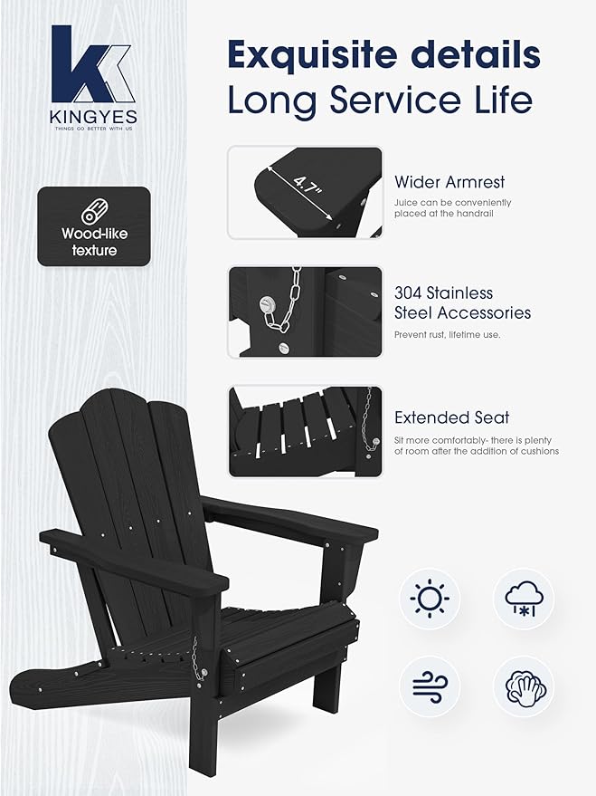 KINGYES Folding Adirondack Chair Set of 8, HDPE All-Weather Patio Chairs, Wooden Textured Lawn Chair for Poolside, Backyard, Deck, Fire Pit, Black