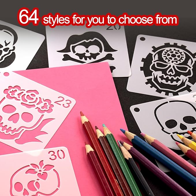 Felixcraft Skull Stencils for Painting, 64PCS 3x3 Inch Plastic Halloween Stencils for Crafts Reusable, Durable PET Material for Wood Signs, Wall Art, Fabric Painting, and Spooky DIY Art Projects