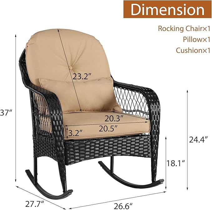 Outdoor Wicker Rocking Chair, All Weather PE Rattan Rocker with Cushion & Pillow, Outdoor Rocking Furniture for Garden, Porch, Backyard, Poolside (Black Rattan+Khaki Cushion)
