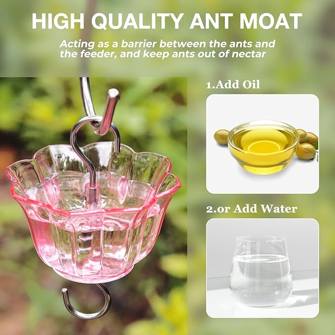 Kingsyard 2 Pack Glass Hummingbird Feeder for Outdoors, 16 Oz Wild Bird Feeder with 6 Feeding Ports Hanging for Garden Yard, Pink (Ant Moat Included)