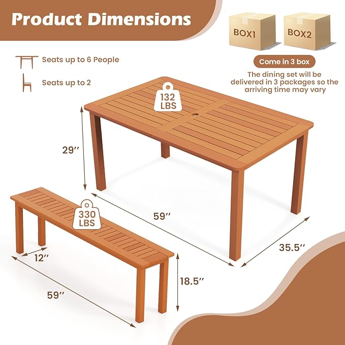 Tangkula Set of 3 Patio Dining Set for 4, Solid Wood Dining Table with 2 Benches, Outdoor Table Bench with 2” Umbrella Hole & Teak Oil Finish, Dining Furniture Set for Yard, Deck, Porch, Indoors