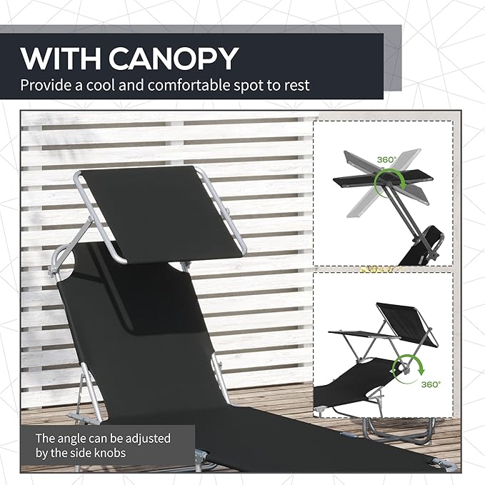 Outsunny Outdoor Lounge Chair, Adjustable Folding Chaise Lounge, Tanning Chair with Sun Shade for Beach, Camping, Hiking, Backyard, Black