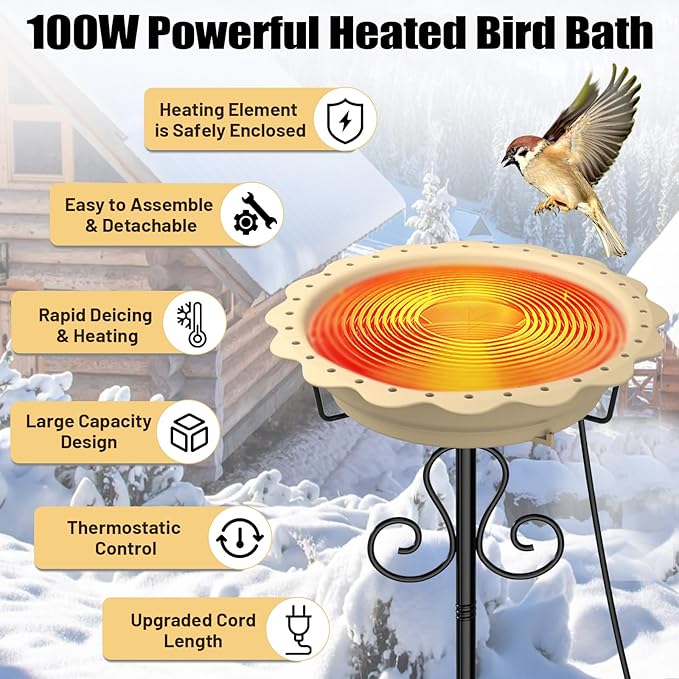 Heated Bird Baths for Outdoors, 100W Heated Birdbath Bowl for Outdoors for Winter with 5-Prong Metal Base Thermostat Control, Heated Bird Bath for Outside Winter Garden Patio Yard Lawn (Yellow)