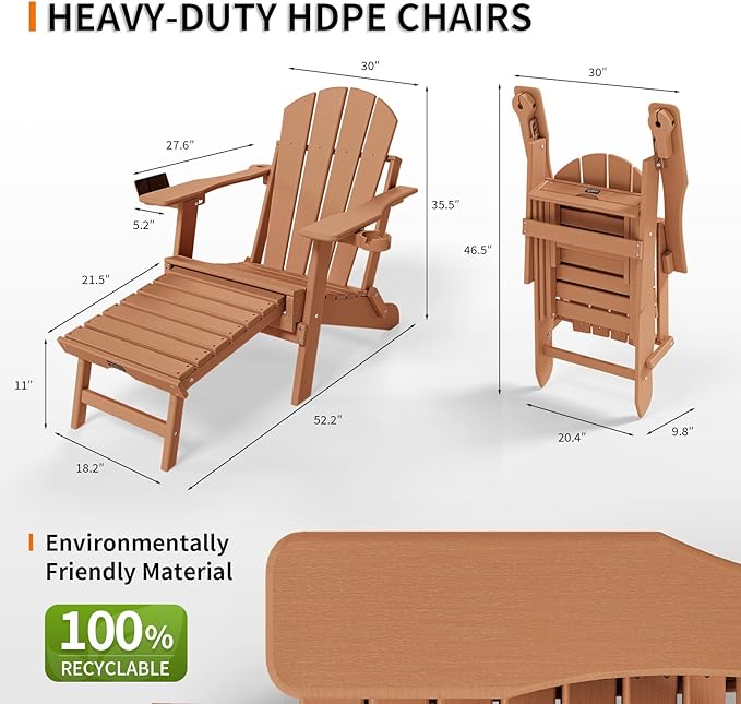 VINGLI Back-Adjustable Plastic Folding Adirondack Chairs Set of 4 with Retractable Footrest & 2-in-1 Cup Holders, Waterproof HDPE Outdoor Fire Pit Chairs for Patio, Pool, Capacity 400 LBS, Teak