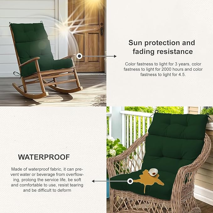 Outdoor High Back Chair Cushions 2-Pack, 44"x22"x 4" Fade-Resistant Waterproof Tufted Pads with Ties for Patio Rocking & Adirondack Chairs (Dark Green)