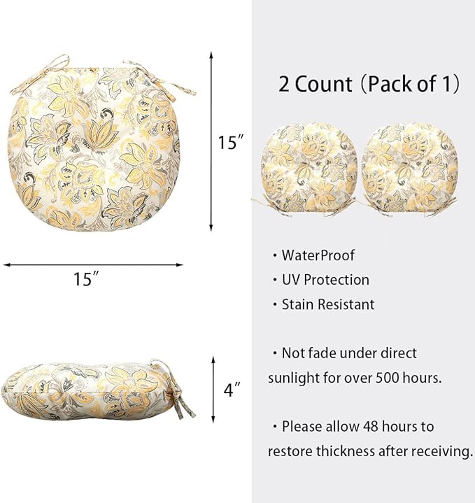 Bistro Chair Cushions 15 inch,Set of 2,Tufted Round Chair Cushions with Ties,15"x15"x4",Water Resistant Round Seat Cushion for Barstool Chairs,Patio Garden Kitchen Outdoor Furniture(Yellow Flower)