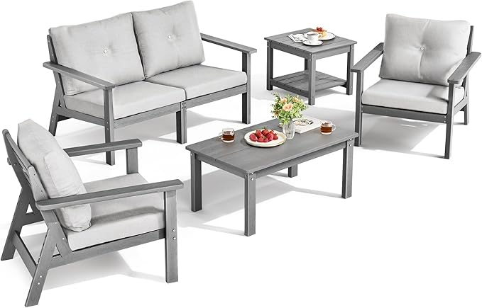 6-Piece HDPE Patio Furniture Set, Outdoor Sectional Sofa Set,All Weather Outdoor Couch with Dust-Free Cushions, Durable Patio Conversation Sets for Balcony, Porch, Gray