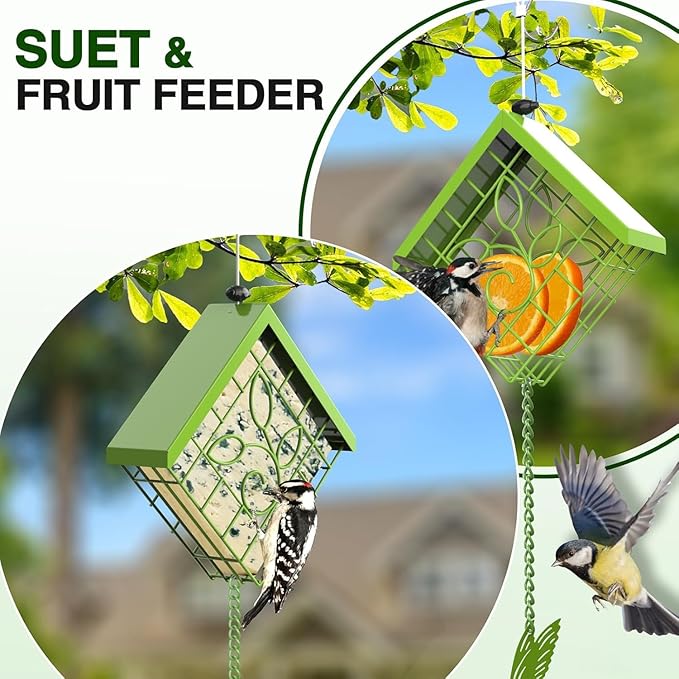 Suet Bird Feeder for Outside, Metal Suet Feeder for Outside Hanging, Single Suet Cake Capacity, Fruit and Suet Feeder Style for Outside Hanging(Green)