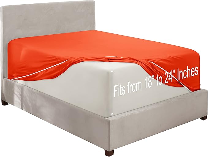 Clara Clark Deep Pocket King Fitted Sheet Fits up to 21 Inch Mattress - Super Soft King Fitted Sheet Only, Fade, Stain Resistant - Orange Fitted Sheet King Size,