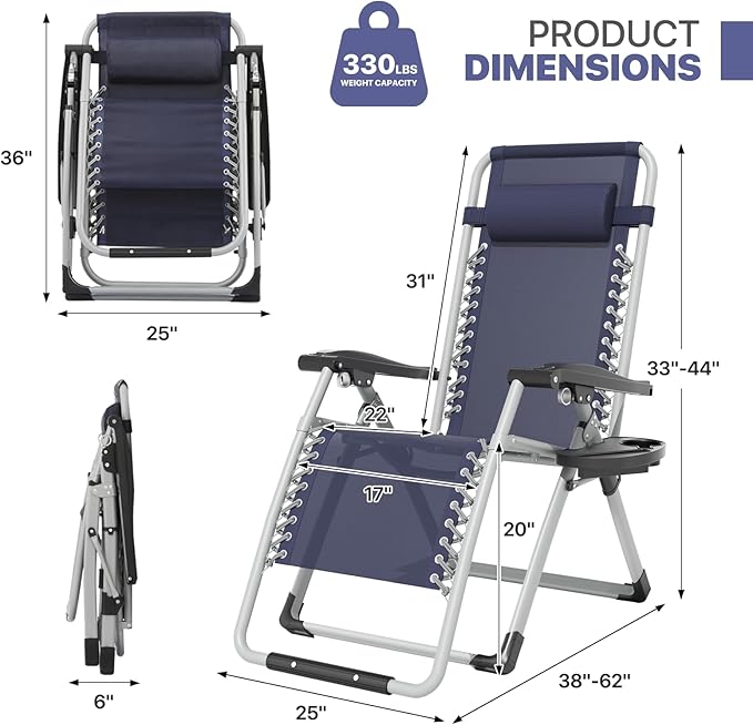 Magshion Zero Gravity Chair with Cushion, Reclining Outdoor Patio Lounge Chair, Folding Indoor Anti Gravity Recliner, Portable Lounger with Removable Cup Holder Side Tray and Pillow Headrest (Blue)