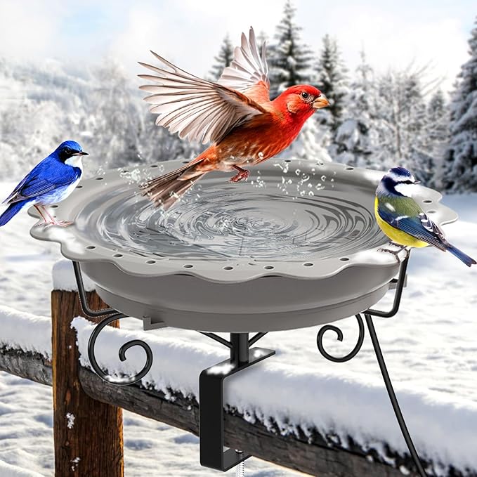 Heated Bird Bath for Deck Railing, Powerful 100W Thermostatically Controlled Heated Bird Baths for Outdoors for Winter, Heated Birdbath Water Heater for Outside Garden Yard Patio Lawn (Grey)