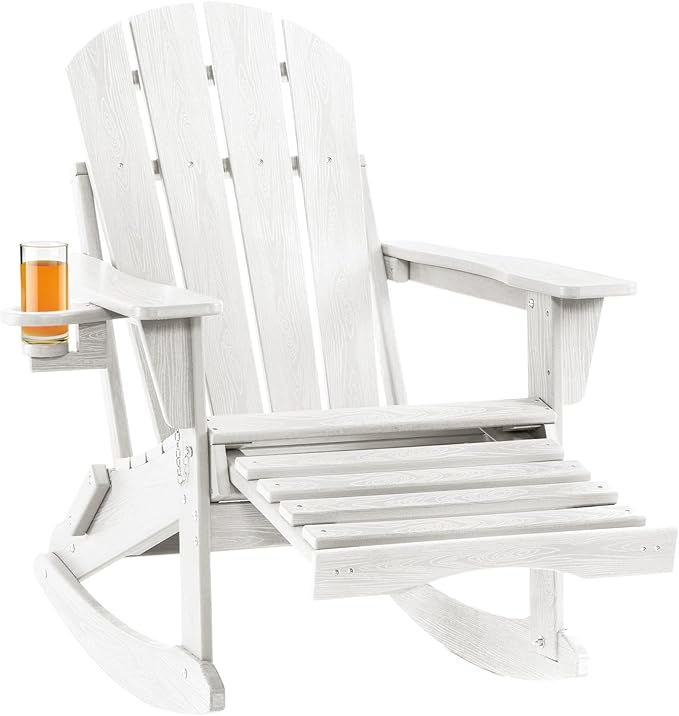 Folding Adirondack Rocking Chair,4-in-1 Multifunctional Patio Chair with Retractable Ottoman, Outdoor Chair Wood Texture, Lawn Chair for Porch, Backyard, Pool(White)