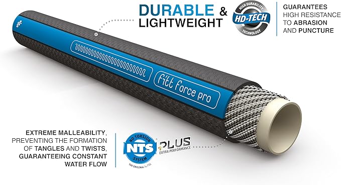 FITT Force Pro Water Hose, Lightweight Ultra Flexible Durable Kink-Free Heavy-Duty Commercial Grade Flat Garden Hose, Grey and Blue, 50-Feet x 5/8-Inch
