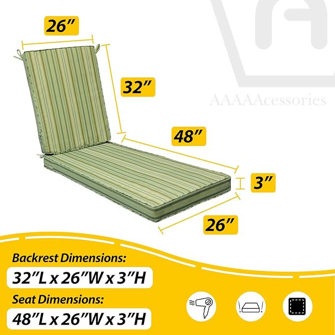 AAAAAcessories Outdoor Chaise Lounge Cushions, Fade-Resistant, Waterproof Patio Furniture Replacement Cushions, 80" x 26" x 3", Mossy Forest Stripe