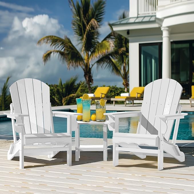 Adirondack Chairs, Folding Adirondack Outdoor Chair with Cup Holder, Wood Texture Fire Pit Chairs for Lawn, Patio Garden and Deck, White