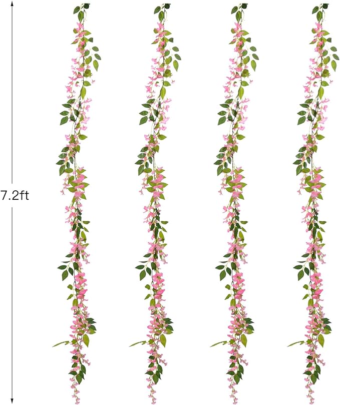 Lvydec Wisteria Artificial Flowers Garland, 4 Pcs Total 28.8ft Artificial Wisteria Vine Silk Hanging Flower for Home Garden Outdoor Ceremony Wedding Arch Floral Decor (Pink)