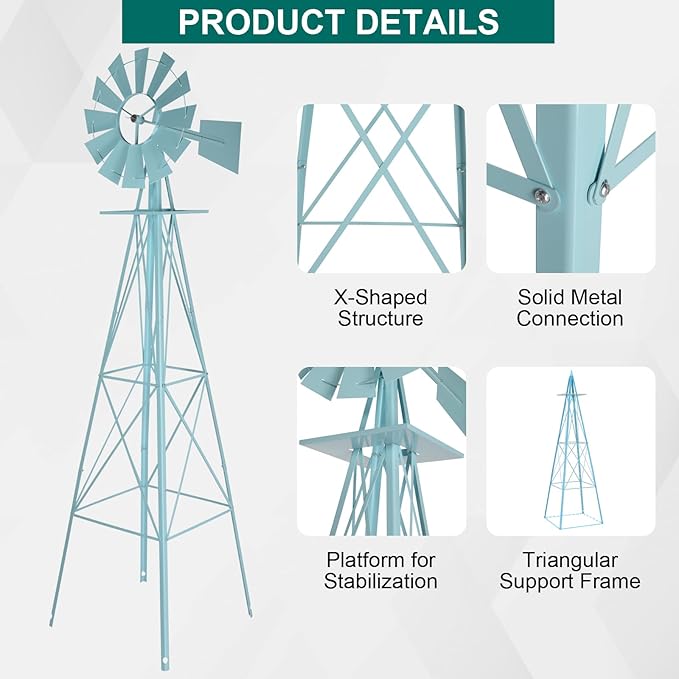 VINGLI 8FT Ornamental Windmill Backyard Garden Decoration Weather Vane, Heavy Duty Metal Wind Mill w/ 4 Legs Design,Light Blue