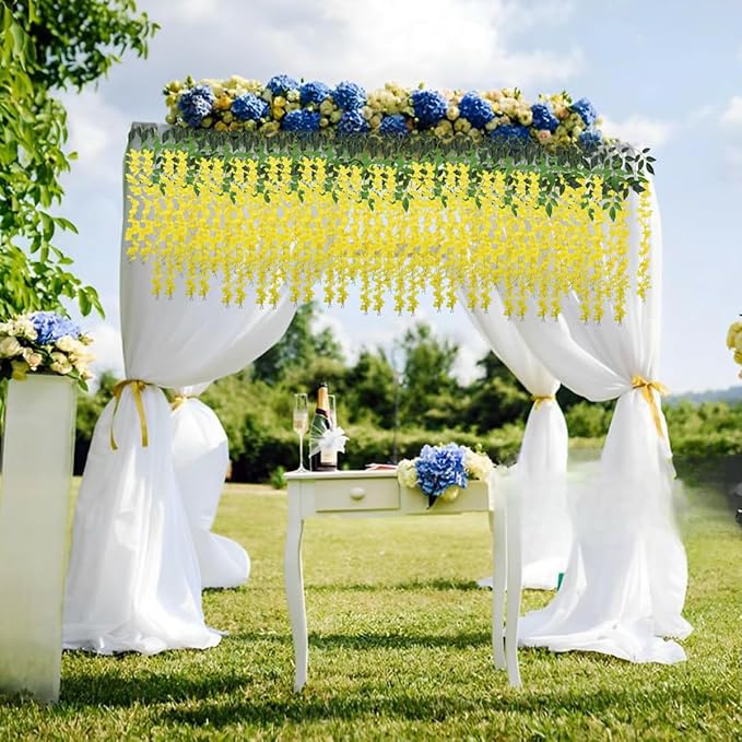 Artificial Wisteria Hanging Flowers Fake Wisteria Flower Garland Silk Vines Rattan Decor for Home Wedding Arch Wall Garden Greenery Bedroom Outdoor Office Party Decoration(24, Yellow)