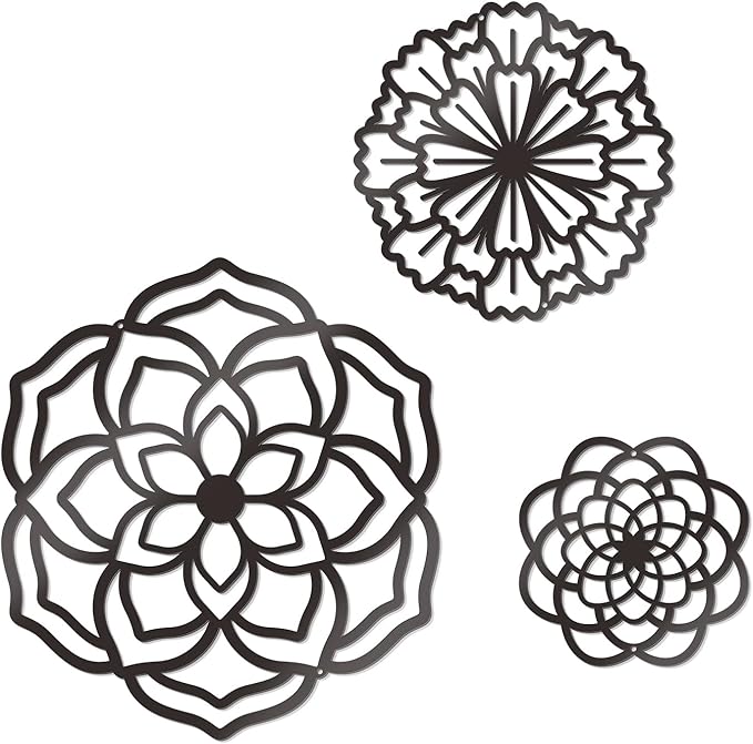 Zzbakress 3 Pcs Metal Flowers Wall Decor Black Wall Decoration Metal Flower Art Farmhouse Wall Decor Multiple Flowers Hanging Decor for Bathroom Living Room Kitchen Garden Office (Black Retro)