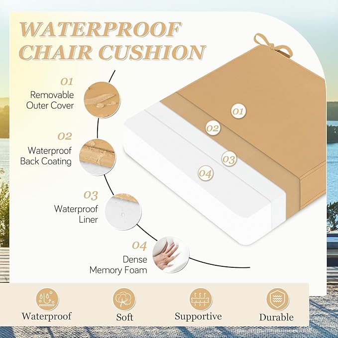 Waterproof Outdoor Chair Cushions Set of 2, Square Outdoor Seat Cushions with Ties and Removable Covers, 19 x 19 Outdoor Cushions for Patio Furniture with Portable Handle(Khaki)