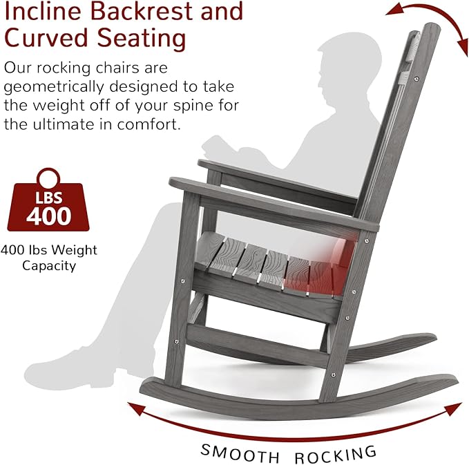 Stoog Outdoor & Indoor Rocking Chairs Set of 2, All-Weather Porch Rocker with High Back, 400 lbs Support Front Porch Rocker Chairs, Easy to Maintain, Grey