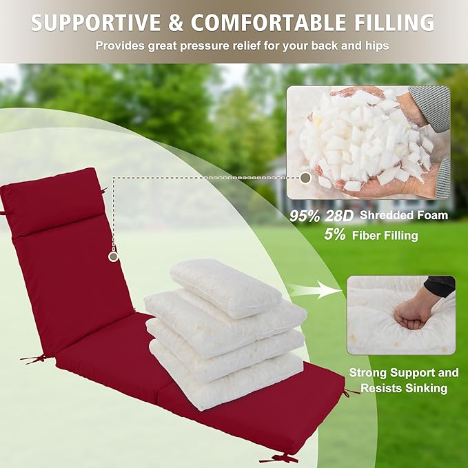 Chaise Lounge Cushion 72x21x3 Inch ?Set of 4 Outdoor Lounge Chair Cushions, Lounger Pad Replacement with Fade-Resistant, Removable & Machine-Washable Covers, Ideal for Patio Chaise Chairs, Burgundy