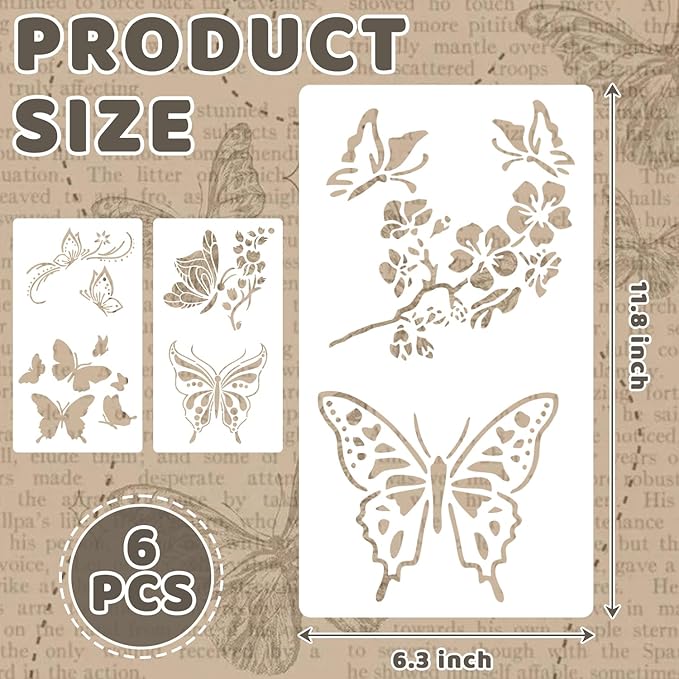 6 PCS Butterfly Stencil Reusable Flying Butterfly Template Plastic Nature Floral Stencils for Painting on Wood Walls Fabric Furniture Floors Home Decor DIY Craft Wood Sign 11.8 x 6.3 Inch