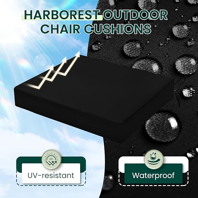 HARBOREST Outdoor Chair Cushions Set of 4, Water Resistant Patio Chair Cushions with Ties, Square Corner Outdoor Seat Cushions for Patio Furniture, 18.5"x16"x3", Black