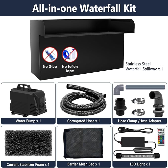 AquaMiracle Pond Waterfall Kit with LED Lights, All-in-1 Stainless Steel Spillway with 800GPH Water Pump, Outdoor Waterfall Fountain for Garden, Backyard & Pool Decor (18inch)