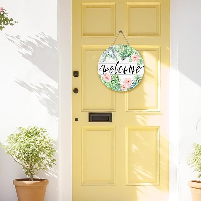 Summer Tropical Welcome Palm Leaf Sign for Front Door Wooden Green Palm Leaves Flower Door Signs Summer Floral Round Door Hanger for Wall Home Office Decorations