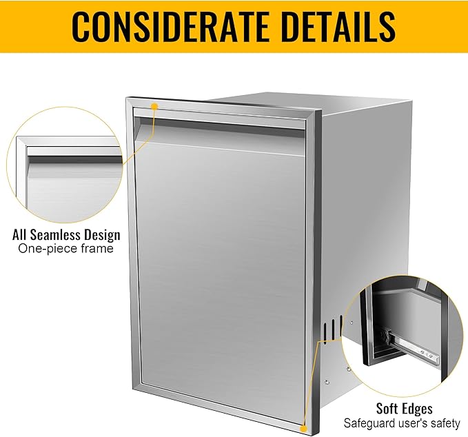 Built-in Double Trash Drawer 16" W x 22.3" H x 18" D, Pull-Out Tray Outdoor Kitchen Stainless Steel Trash Drawer Storage Two Trash Bins for BBQ Island Grill Station