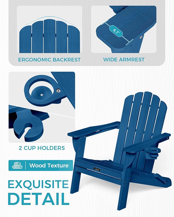 Adirondack Chairs Set of 2, HDPE Material Fire Pit Chairs, Plastic Adirondack Chairs with 2 Cup Holder, Outdoor Lawn Chair for Patio Garden, Navy Blue