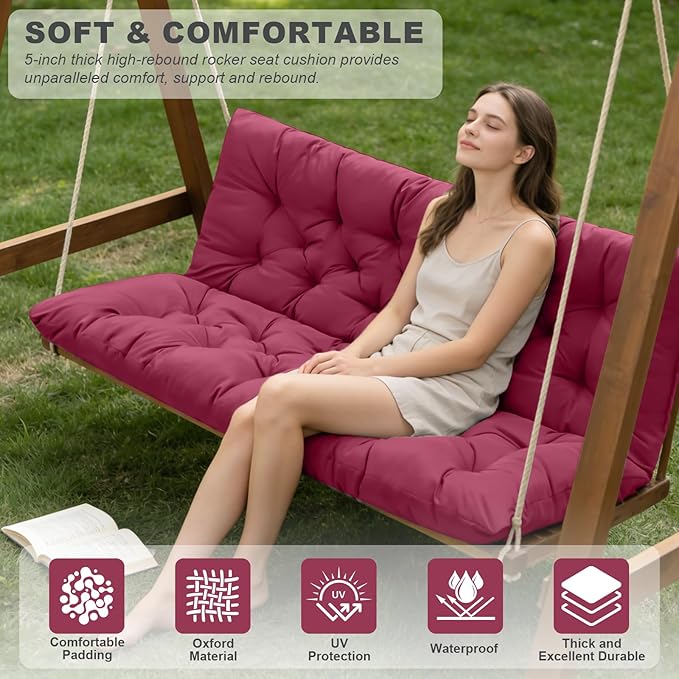 Porch Swing Cushions,Outdoor Cushions 3 Seater Replacement with Backrest, Waterproof Thickened Bench Cushion with Ties for Porch, Patio,Outdoor, Backyard and Garden (Wine Red 47 * 40 in)