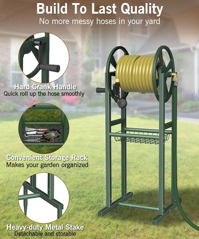 Garbuildman Ground Mount Garden Hose Reel Holds 125 Feet of 5/8-Inch with 3.9 ft Leader Hose, Brass Fitting, Water Hose Holder Stand with Storage Rack & 4 Spikes Base for Outdoor Lawn, Green