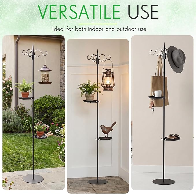 2 Sets 75.9" Shepherd's Hook Stand for Hanging Plant, Bird Feeder, Waterproof Metal & Adjustable Standing Pole Holder for Indoor Outdoor, with 2 Rotatable Rack & Weight Bag (3 Hooks)