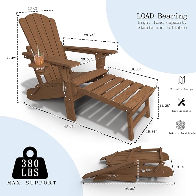 Folding Adjustable Adirondack Chairs with Ottoman & 1 Cup Holders Set of 4, HDEP Multifunctional Adirondack Chair with Footrest,Wood