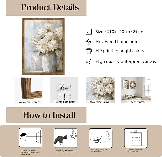 Framed Vintage Canvas Wall Art, White Hydrangea Floral Wall Decor Paintings, Flower Pictures Prints Aesthetic Home Decor for Living Room Bedroom Bathroom Office 8x10 inch